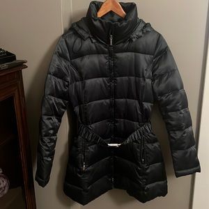 Hooded Puffer Coat, Laundry by Shelli Segal, Belt, Sz Med Green, Good Condition